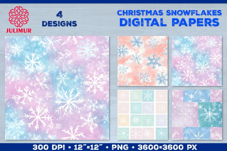 Pastel Watercolor Snowflake Digital Paper. Christmas Paper