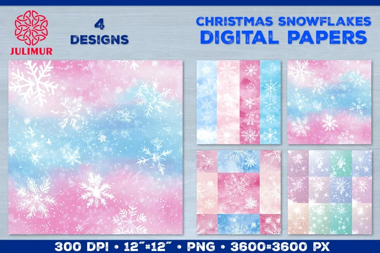Pastel Watercolor Snowflake Digital Paper. Christmas Paper