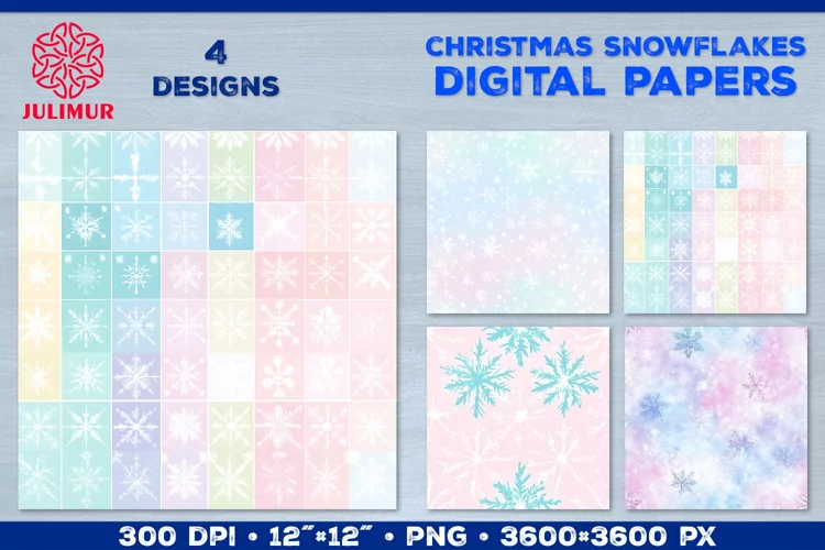 Pastel Watercolor Snowflake Digital Paper. Christmas Paper