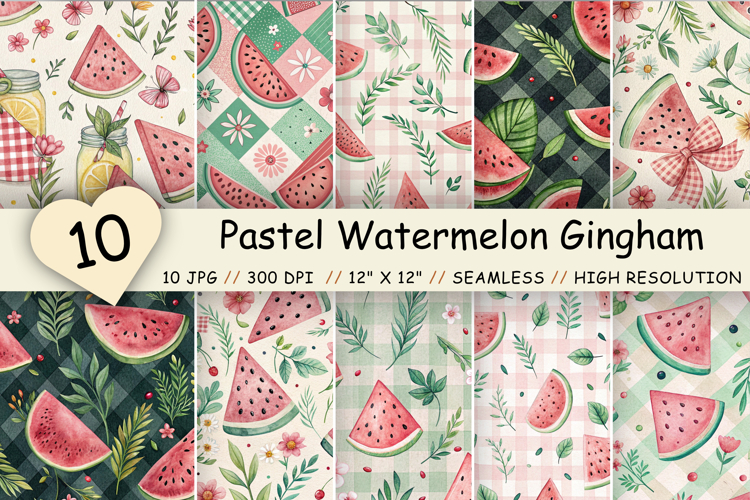 Pastel Watermelon Gingham Digital Paper, Seamless Watercolor