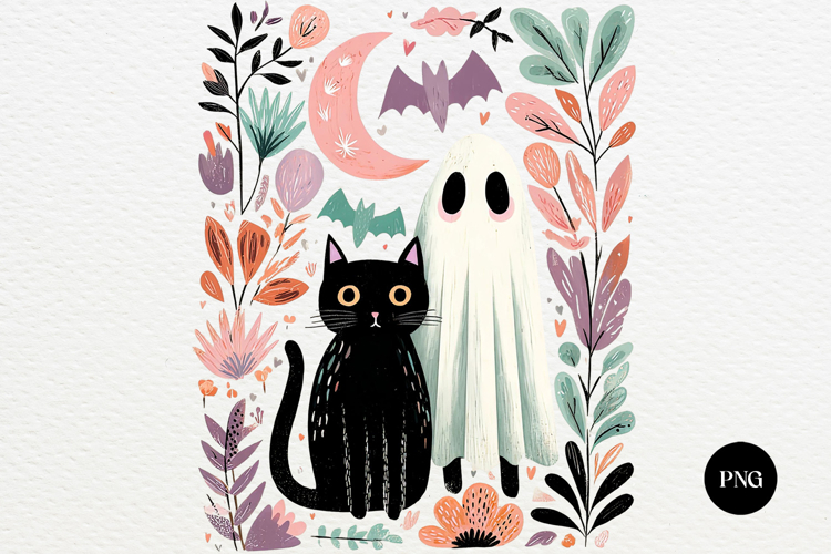 Retro Pastel Halloween Ghost Cat PNG