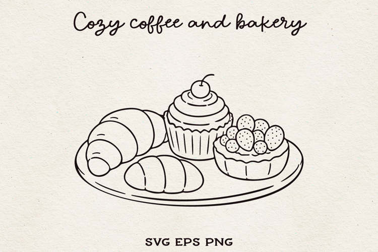 Bakery Pastries SVG PNG EPS Croissant Cupcake Tart Line Art