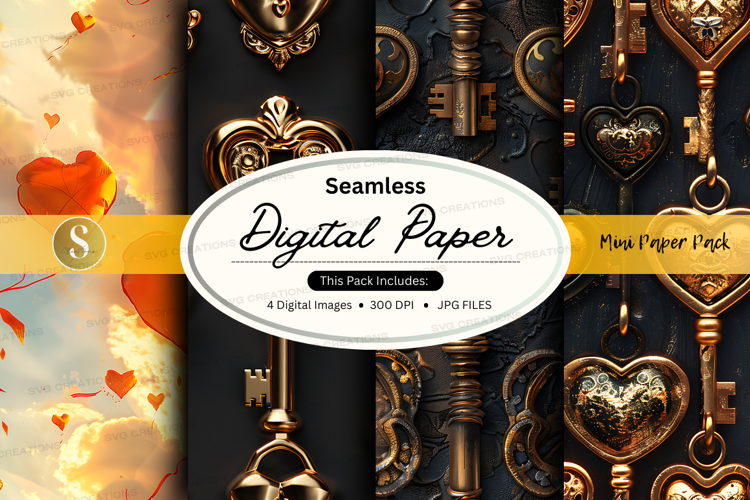 Seamless digital paper - vintage keys and hearts pattern