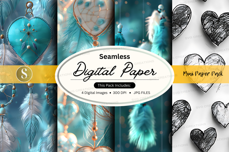 Seamless digital paper with hearts and feathers