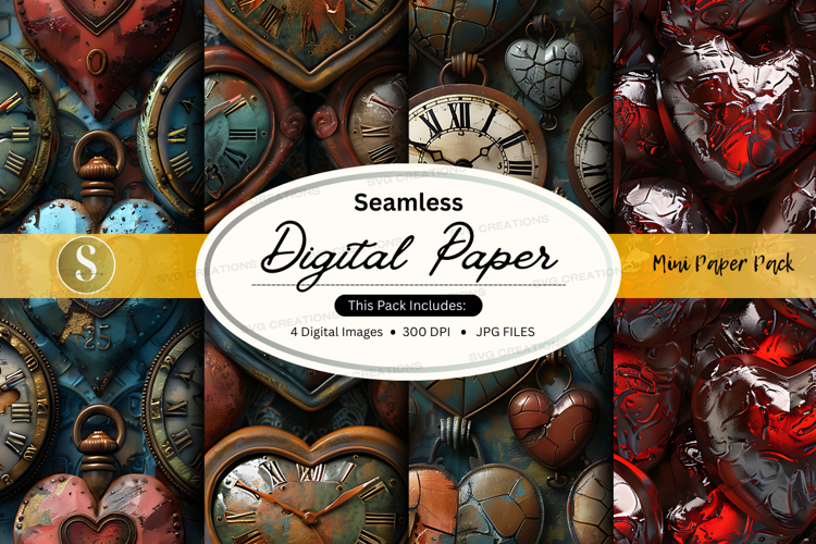 Seamless digital paper with vintage clock and heart design