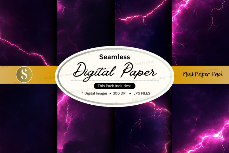 Seamless digital paper pack with purple lightning design