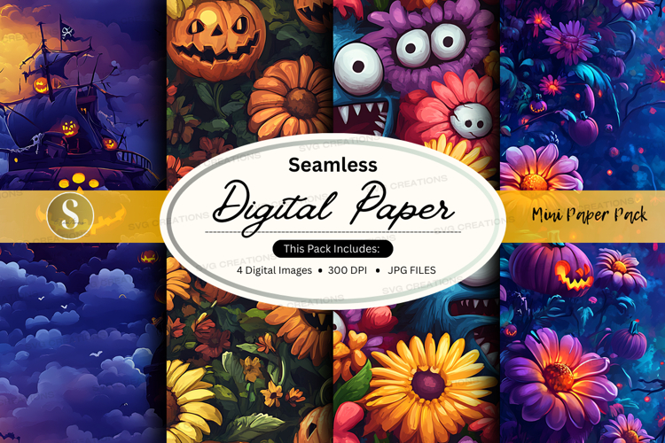 Seamless digital paper pack with halloween and floral design