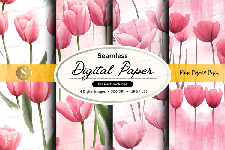 Seamless pink tulip digital paper pack