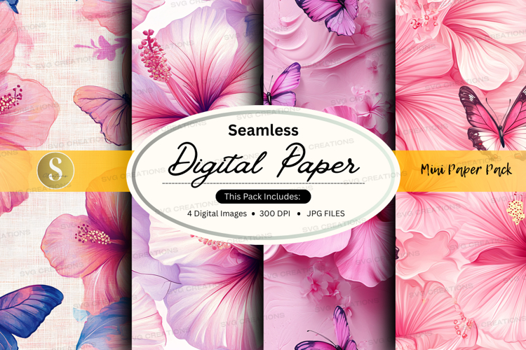 Seamless digital paper with pink floral and butterfly patter
