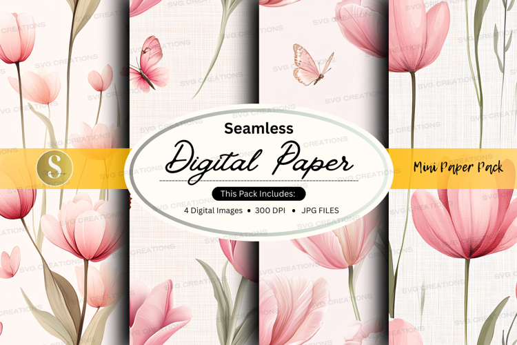 Seamless digital paper with pink tulips and butterflies