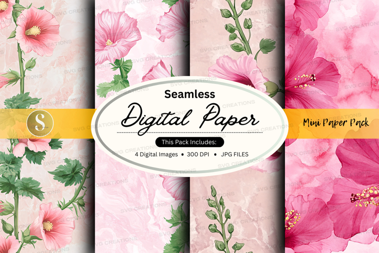 Seamless digital paper with pink flowers and green leaves