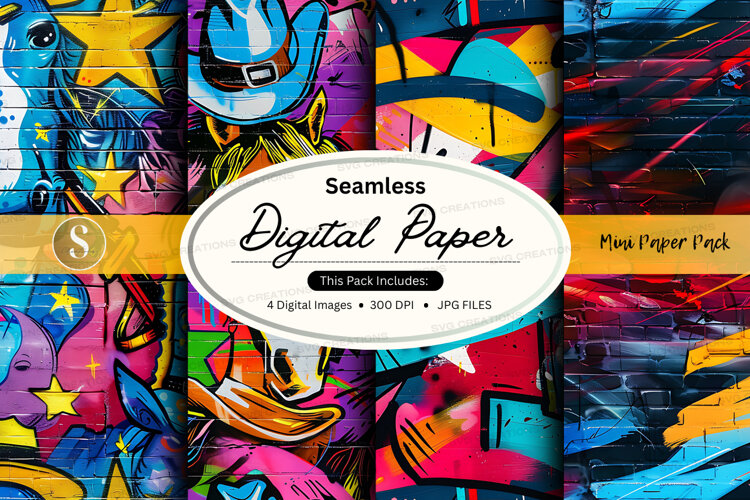 Seamless digital paper - colorful graffiti pattern example image 1