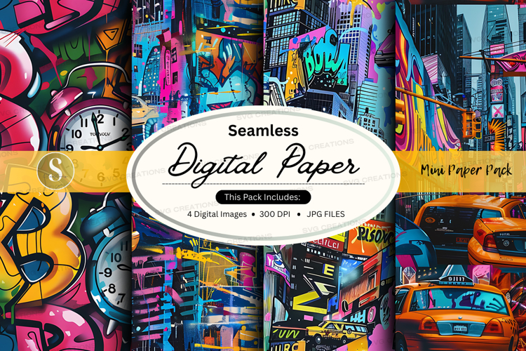Seamless digital paper - cityscape graffiti pattern
