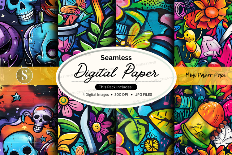 Seamless digital paper - colorful skull and floral pattern