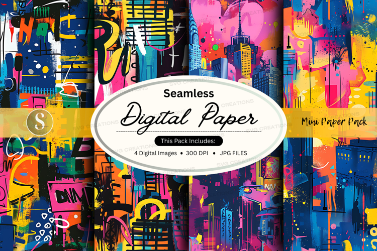 Seamless digital paper - colorful cityscape pattern