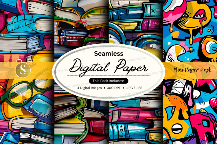 Seamless digital paper with book and stationery theme