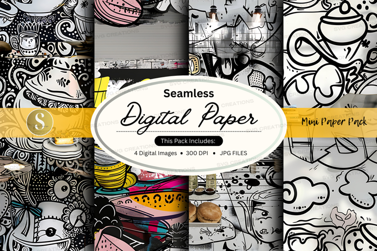 Seamless digital paper pack with tea and stationery theme