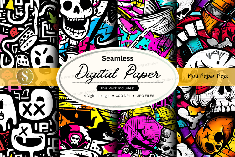 Seamless digital paper with skull and graphic designs