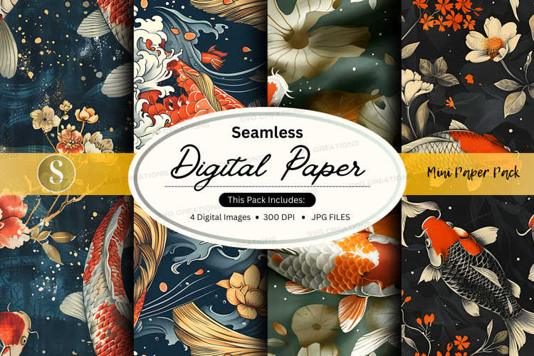 Seamless digital paper with koi fish and floral design