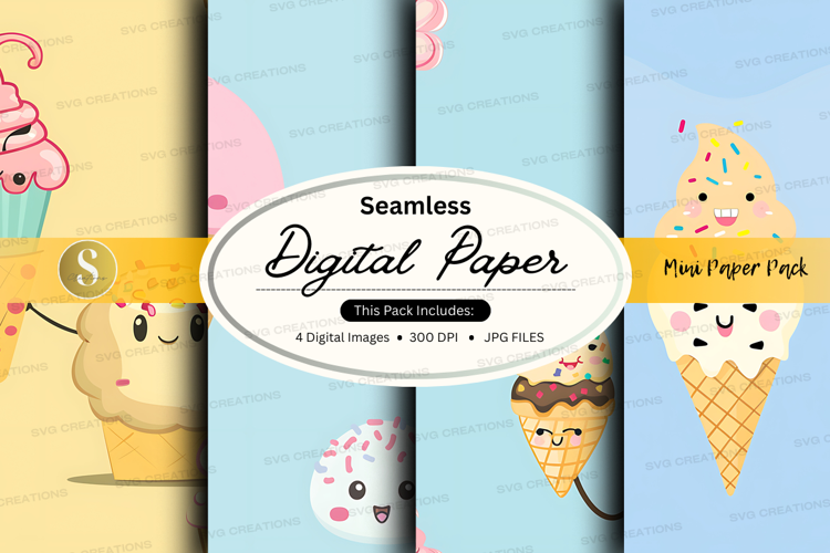 Seamless digital paper with kawaii ice cream and desserts