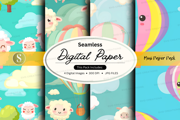 Seamless digital paper with sheep and hot air balloons
