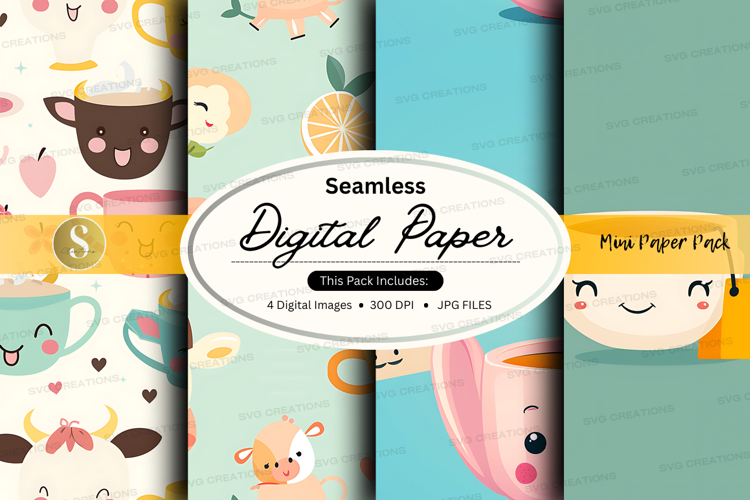 Seamless digital paper - cute animal and coffee theme