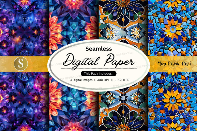 Seamless digital paper pack - mosaic and floral designs