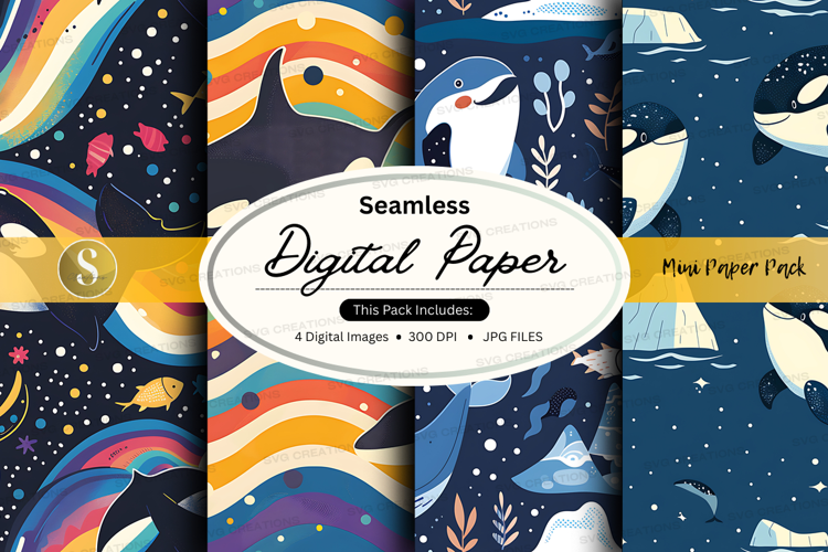Seamless digital paper with penguin and whale design