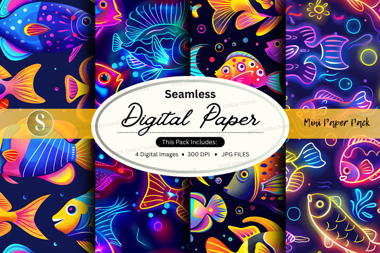 Seamless digital paper with neon fish pattern