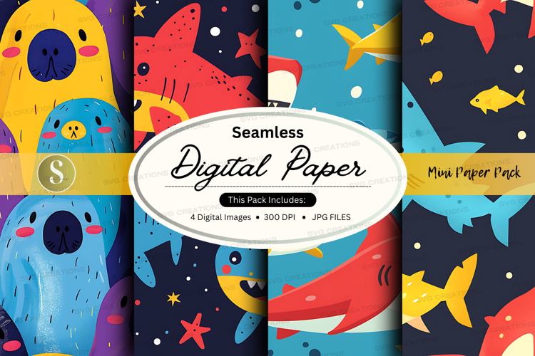 Seamless digital paper pack with ocean animal patterns