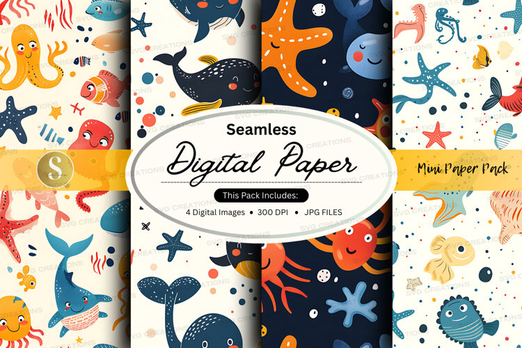 Seamless digital paper pack with ocean and sea creatures
