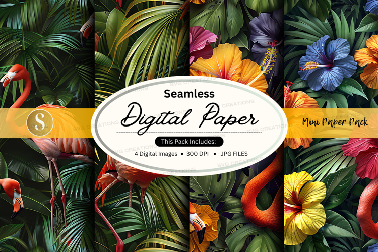 Tropical seamless digital paper with flamingos and hibiscus
