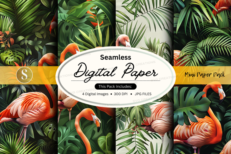 Tropical digital paper with flamingos and palm leaves