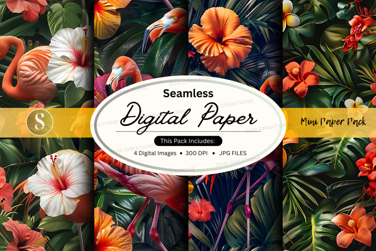 Tropical flower and flamingo seamless digital paper