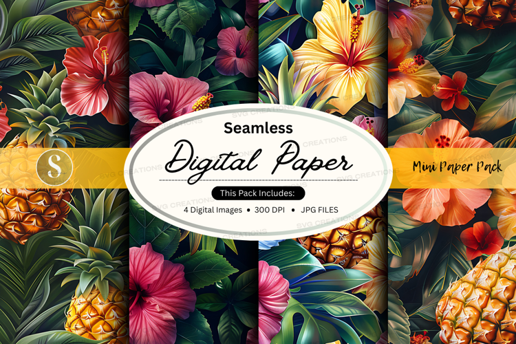 Tropical flower and pineapple seamless digital paper