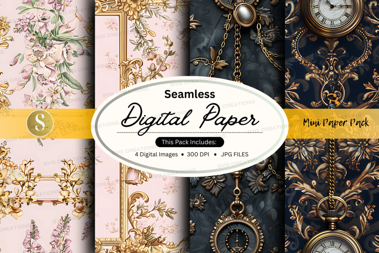 Seamless digital paper - vintage floral and antique clock pa
