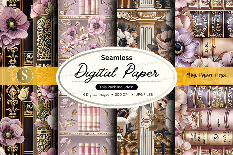Seamless digital paper - vintage floral and bookshelf design