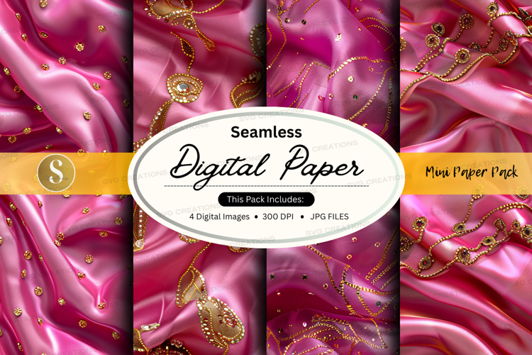 Seamless digital paper with pink satin and gold accents