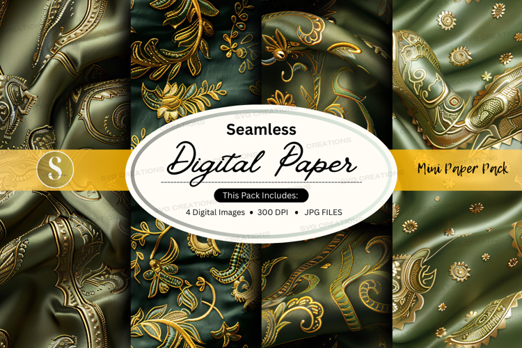 Seamless dark green digital paper with gold floral design