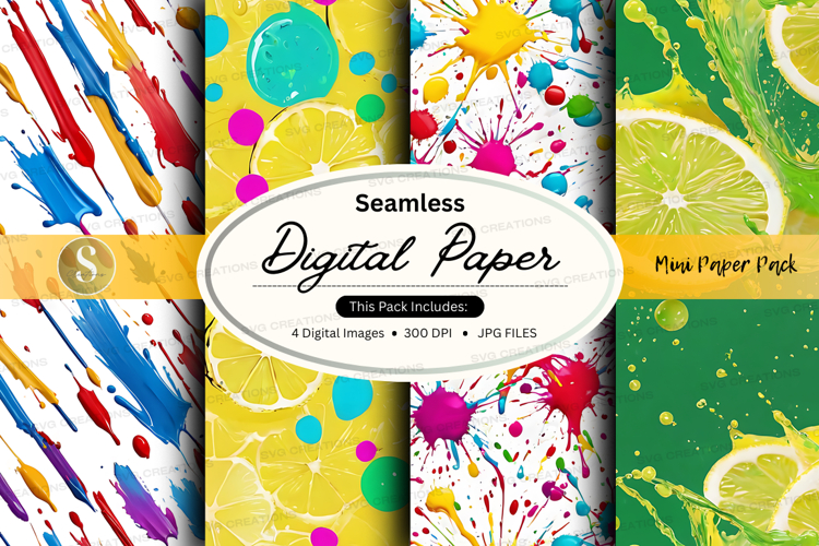 Seamless digital paper pack with floral lemon patterns