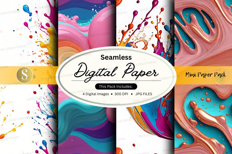 Seamless digital paper pack with vibrant watercolor splashes