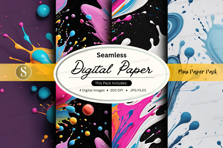 Seamless digital paper pack with vibrant watercolor splashes