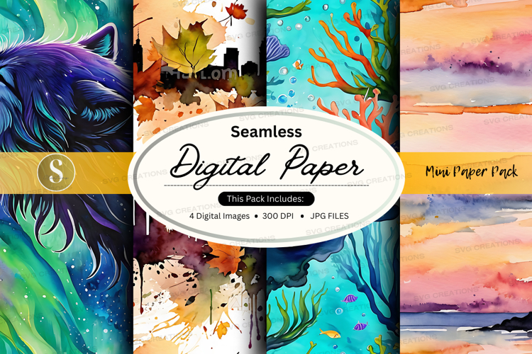 Seamless digital paper pack with watercolor textures and pat