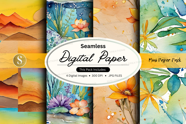 Seamless digital paper textures with floral and watercolor d