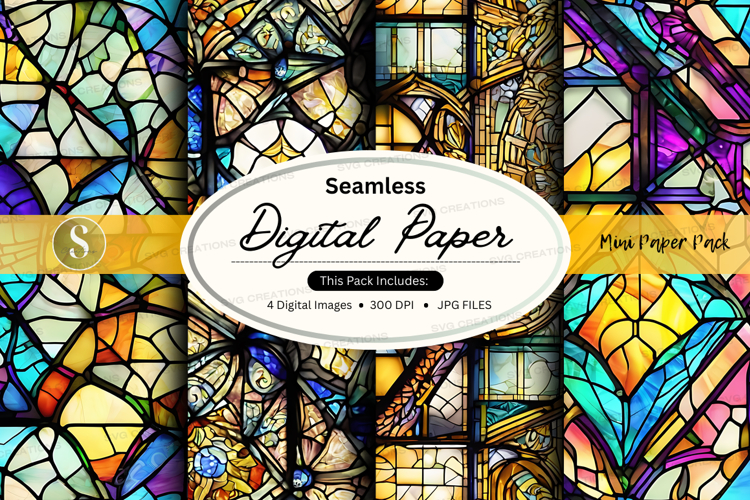Seamless digital paper texture with vibrant stained glass pa