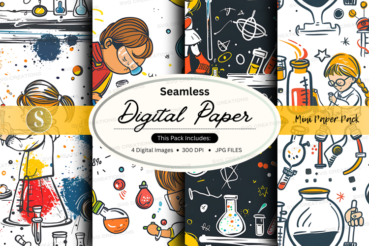 Seamless digital paper pack with science and kitchen doodles