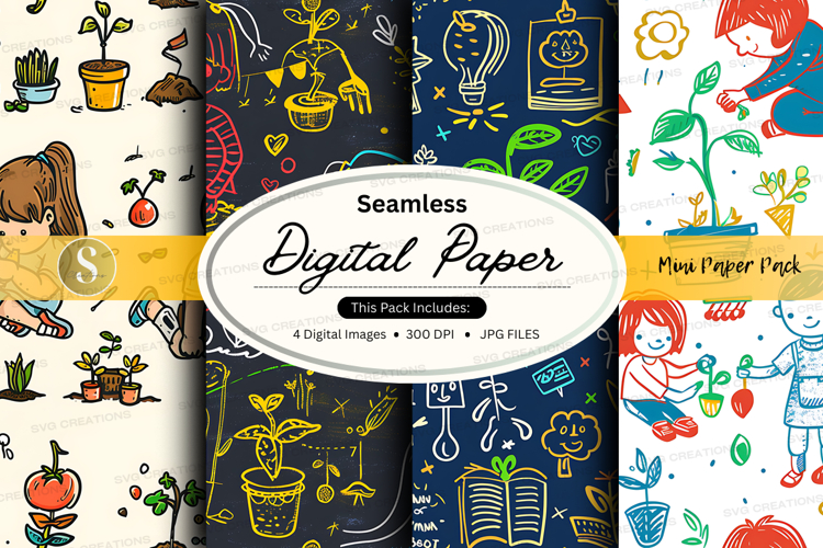 Seamless digital paper pack with gardening and creativity il