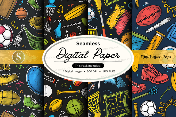 Seamless digital paper pack with sports equipment and icons
