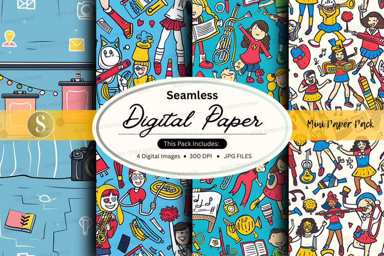Seamless digital paper patterns with retro cartoon illustrat