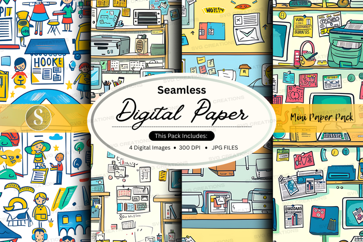 Seamless digital paper textures with office and school icons